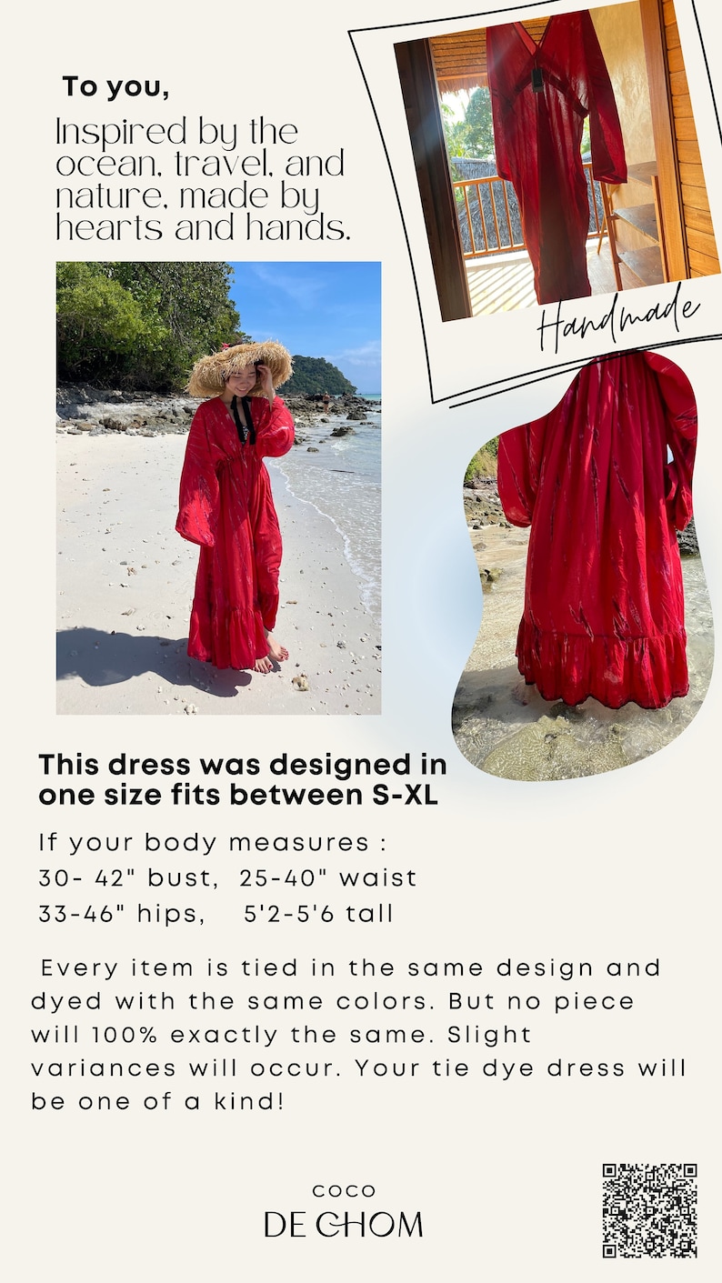 Op de afbeelding: Een rode tie-dye maxi-jurk met een V-hals en lange mouwen. De jurk is handgemaakt en ontworpen om te passen bij maten S-XL. De jurk wordt getoond op een model dat op een strand staat. De tekst "Handmade" is zichtbaar in de afbeelding. De tekst "This dress was designed in one size fits between S-XL" is ook zichtbaar in de afbeelding. De tekst "If your body measures: 30-42" bust, 25-40" waist 33-46" hips, 5'2-5'6 tall" is ook zichtbaar in de afbeelding. De tekst "Every item is tied in the same design and dyed with the same colours. But no piece will 100% exactly the same. Slight variances will occur. Your tie dye dress will be one of a kind!" is ook zichtbaar in de afbeelding. De tekst "COCO DE CHOM" is ook zichtbaar in de afbeelding.