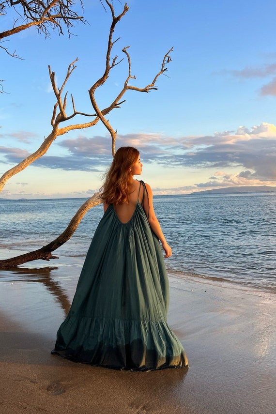 Robe longue teinte a la main robe longue bleu canard tenue de villegiature robe de plage robe longue dos nu robe surdimensionnee robe dos ouvert robe d ete Etsy France