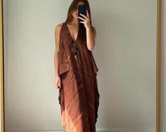Brown Tie Dye Kaftan Dress, Oversized V Neck Beach Cover Up, Boho Resort Maxi Caftan, Cold Shoulder Vacation Dress