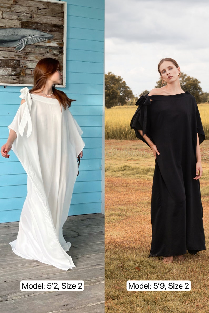 Handmade blue kaftan maxi dress with off shoulder styling, loose flowy fit, and self-tie bow detail, perfect for resort wear or a beach wedding guest outfit.