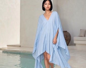 Sky Blue Mini Kaftan Dress, Beach Cover Up Tunic, Oversized Resort Top, Vacation Wear