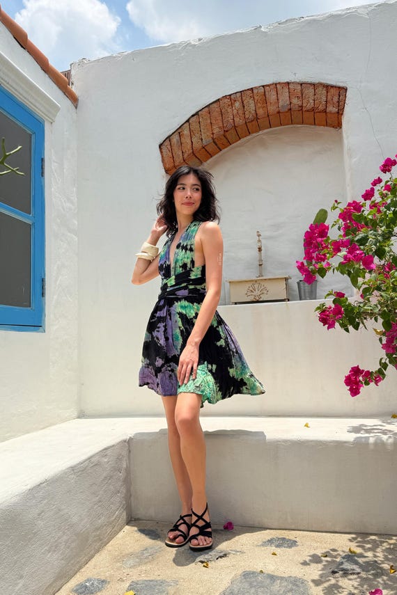 Infinity Tie Dye Mini Dress | Boho Summer Dress Beach Outfit | Halter Dress | Open Back Resort Dress | Festival Concert Look  Vacation Dress