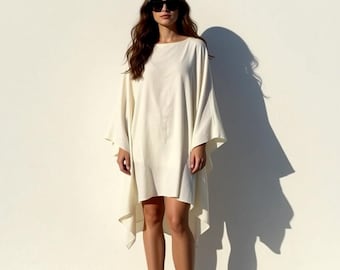 Ivory White Mini Kaftan Top, Beach Cover Up Tunic, One Size S–L, Long Sleeve High Low Hem, Resort Vacation Wear, Boho Summer