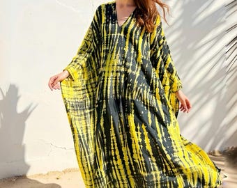 Yellow Tie Dye Rayon Kaftan: Handmade Boho Maxi Dress