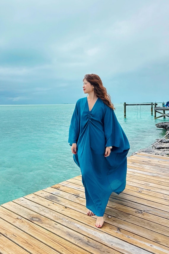 Teal Blue Oversized Kaftan Maxi Dress, Plus Size Beach Cover Up, Long  Sleeve Resort Caftan, V Neck, Flowy Cruise Vacation Dress