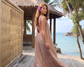 Soft Nude Open Back Maxi Dress, Oversized Backless Resort Dress, Plus Size Friendly Vacation Dress
