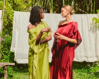 Holiday Satin Kaftan Dress, Burgundy and Green Off Shoulder Boho Maxi, Caftan Gown, Wedding Guest Dress, Resort Dress, Gift for Her