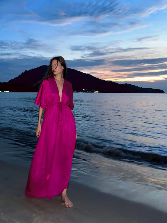 Pink Fuchsia Caftan, Wedding Guest Dress, Goddess Dress, Oversized Caftan, Hand dyed Maxi Dress, Long Kaftan, Resort Dress Bridesmaid Dress