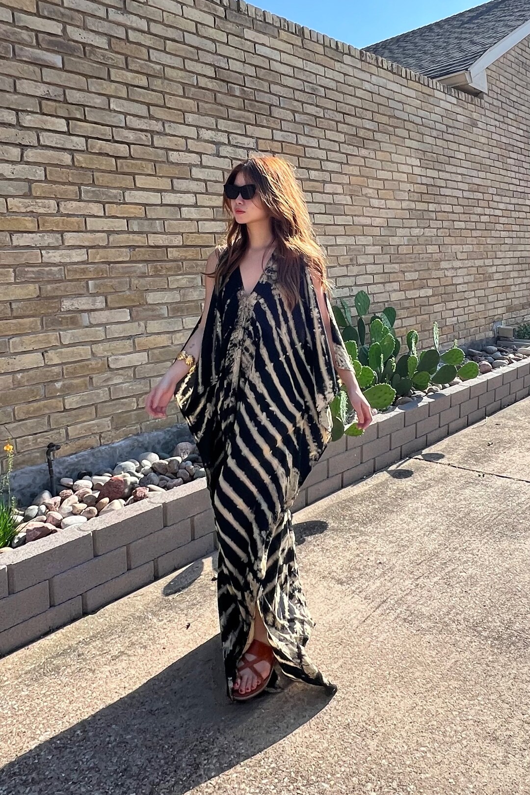 Black V neck caftan with Teal Metallic stripe