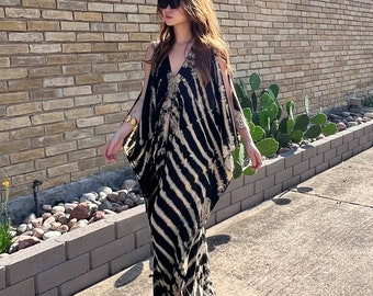 Tie dye V Neck Caftan, Boho Black Kaftan, Oversized Kaftan Cut Cold Shoulder Dress Beach Cover up Vacation outfit Resort Dress Gift for her