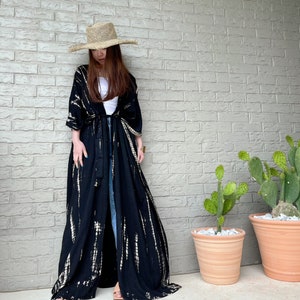Black long kimono robe, Black Tie dye long kimono robe, Plus size kimono robe, loose fit robe, Oversized long kimono, gift for her