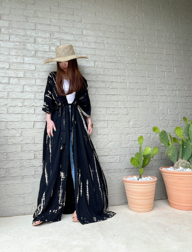 Black Long Kimono Robe Black Tie Dye Long Kimono Robe Plus Etsy