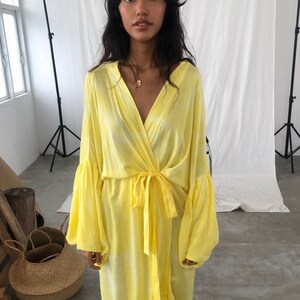 Tie dye kimono robe, Hand tie dye Kimono, kimono puffy sleeve dress, yellow duster, robe for vacation, yellow kimono robe, gift for her image 6