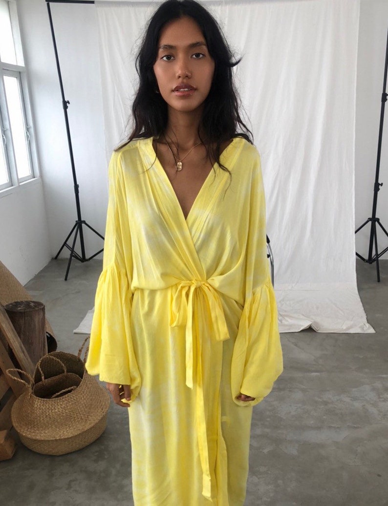 Tie dye kimono robe, Hand tie dye Kimono, kimono puffy sleeve dress, yellow duster, robe for vacation, yellow kimono robe, gift for her image 6