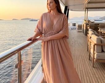 Soft Nude Goddess Kaftan Dress, Oversized Plus Size Beach Cover Up, Resort Cruise Dress