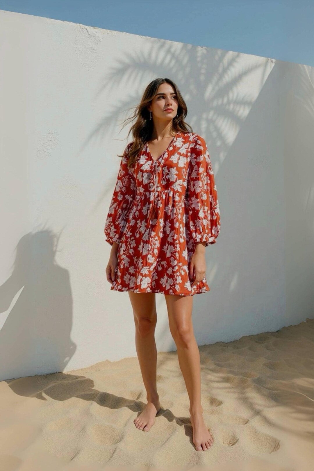 Bohemian Floral Mini Dress | Rust Block Print Cotton Dress With Sleeves ...