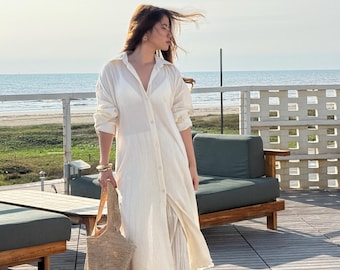 Organic Cotton Maxi Shirt Dress | Boho Beach Cover Up, One Size, Natural Cotton Button Down Maxi  with Pockets, Resort Wear, Beach outfit