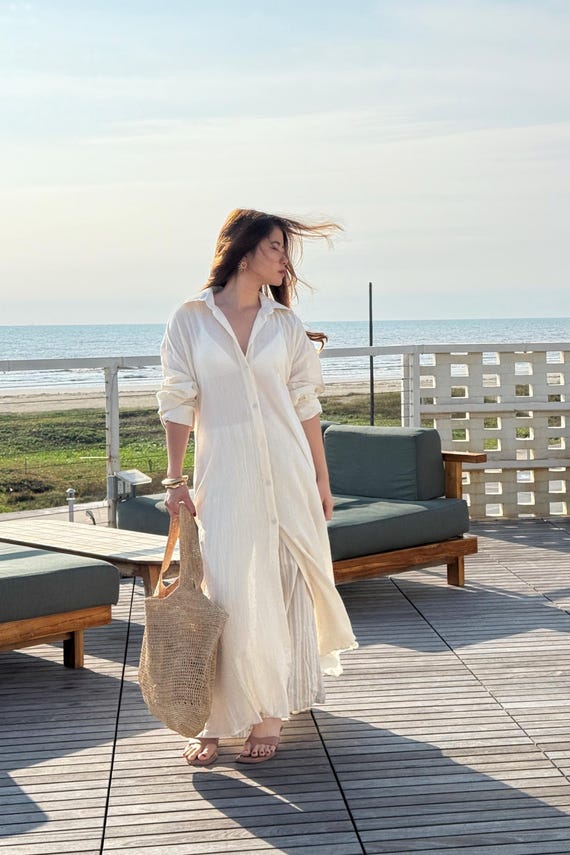 Organic Cotton Maxi Shirt Dress | Boho Beach Cover Up, One Size, Natural Cotton Button Down Maxi with Pockets, Resort Wear, Beach outfit Organic Cotton Maxi Shirt Dress | Boho Beach Cover Up, One Size, Natural Cotton Button Down Maxi with Pockets, Resort Wear, Beach outfit