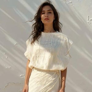 Boho Kaftan Top | Off‑White Crinkled Cotton Blouse | Natural Textured Tunic | Oversized Beach Cover‑Up | Handmade Resort Wear  Gift for Her