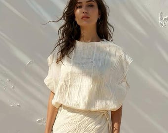 Handmade Crinkled Cotton Kaftan Top: Boho Beach Cover-Up