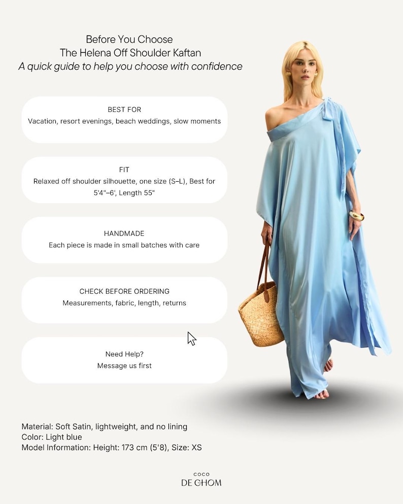 Handmade blue kaftan maxi dress with off shoulder styling, loose flowy fit, and self-tie bow detail, perfect for resort wear or a beach wedding guest outfit.