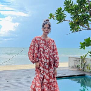 Shop Bohemian Floral Maxi Dress, Cotton Boho Dress, Oversized Maxi Dress with sleeves, Boho Dress Dress for Vacation, Block Printed Dress, Rust Dress Gift ideas ?
