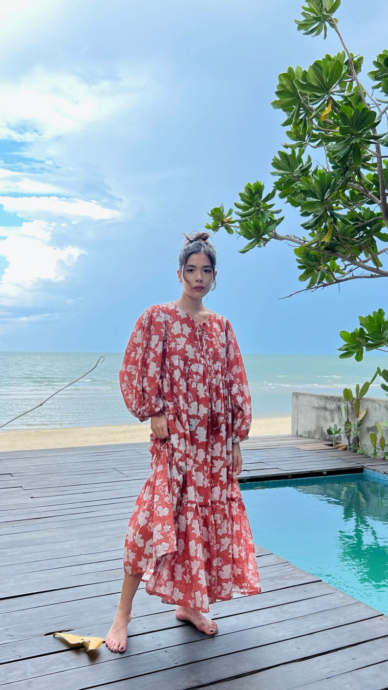 Shop Bohemian Floral Maxi Dress, Cotton Boho Dress, Oversized Maxi Dress with sleeves, Boho Dress Dress for Vacation, Block Printed Dress, Rust Dress Gift ideas ?