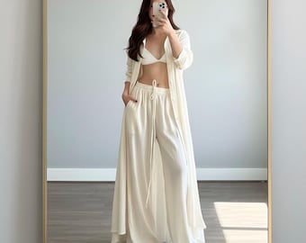 Organic Cotton Wide-Leg Pants | Elastic Waist Beach Pants | Lightweight Summer Pants | Boho Resort Wear