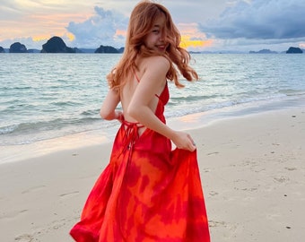Vestido longo tie dye, vestido longo laranja, vestido longo boho, vestido longo halter, vestido boho, vestido com costas abertas, vestido de praia, vestido de dama de honra