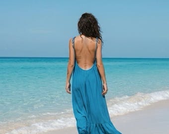 Blue Turquoise Maxi Dress, Open Back Maxi Dress, Tie Shoulder Dress, Resort Wear Women, Flowy Beach Dress, Vacation Maxi Dress