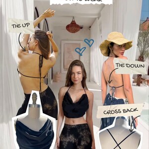 May include: A black halter top with a cowl neck and adjustable straps. The top can be tied in the front, back, or at the neck. The image shows different ways to style the top.