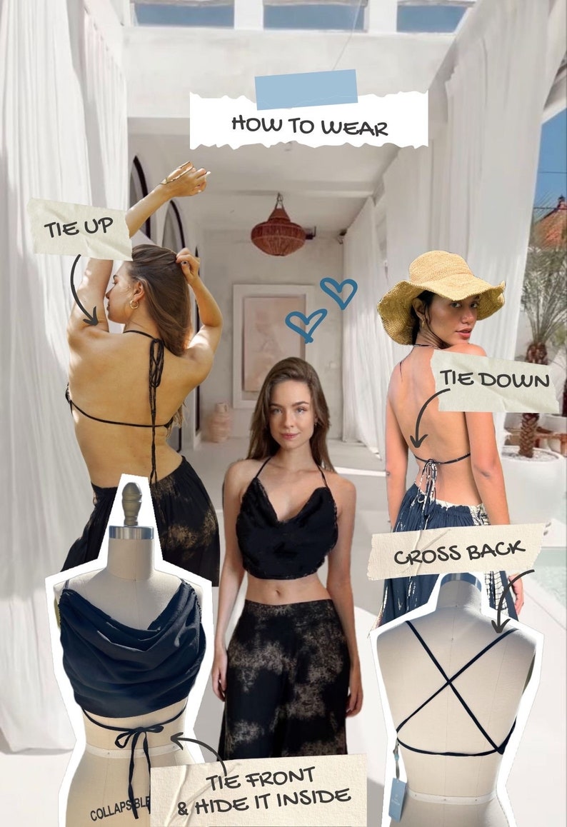 May include: A black halter top with a cowl neck and adjustable straps. The top can be tied in the front, back, or at the neck. The image shows different ways to style the top.