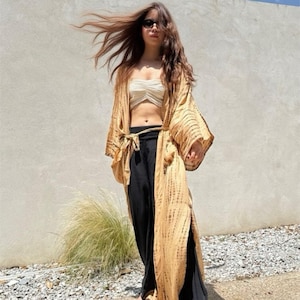Beige Tie Dye Kimono Robe | Long Boho Duster | Beach Cover Up | Women’s Lightweight Robe | Handmade Resort Wear | Cruise  Loungewear Gift