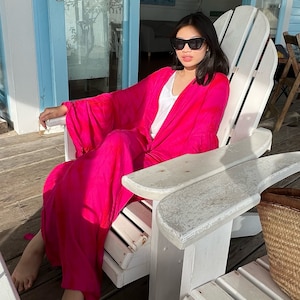 Tie dye kimono robe, Summer outfits, kimono puffy sleeve dress, hot pink duster, robe for vacation, pink kimono robe, bridesmaids robe