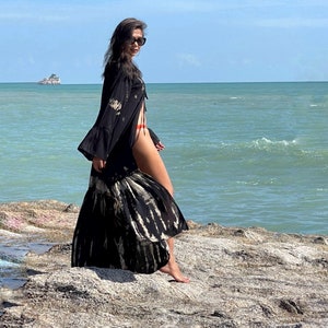 Tie dye kimono robe, Black long kimono robe, long sleeves kimono, boho kimono robe, kimono dress, beach coverup, black kimono , long kimono image 10