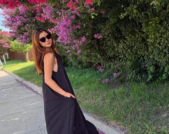 Schwarzes Maxikleid, rückenfreies Maxikleid, Oversize-Kleid, Urlaubskleid, Sommer-Maxikleid, minimalistisches Partykleid, Resort-Kleid, Geschenk für die Schwester