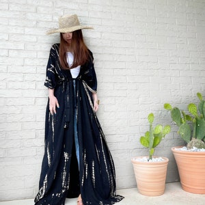 Black long kimono robe, Tie dye kimono robe, Plus size kimono robe, oversized robe, loose fit robe, Oversized long kimono, gift for mom Black/Beige