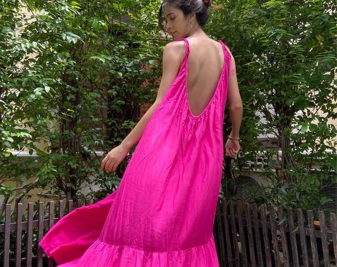 Pink Maxi Dress, Fuchsia Maxi Dress, Backless Maxi Dress, Oversize Dress, Tie Shoulder Maxi ...