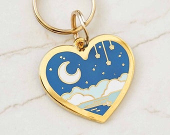 Porte-clés personnalisé pour animaux de compagnie « Nuit étoilée, lune et cœur » - Gravure gratuite, émail, médaille pour chien mignonne