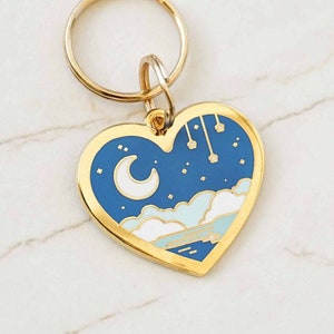 Starry Night Moon Heart Customized Keychain Pet Tag - Free Engraving, Metal Enamel, Cute Dog Tag