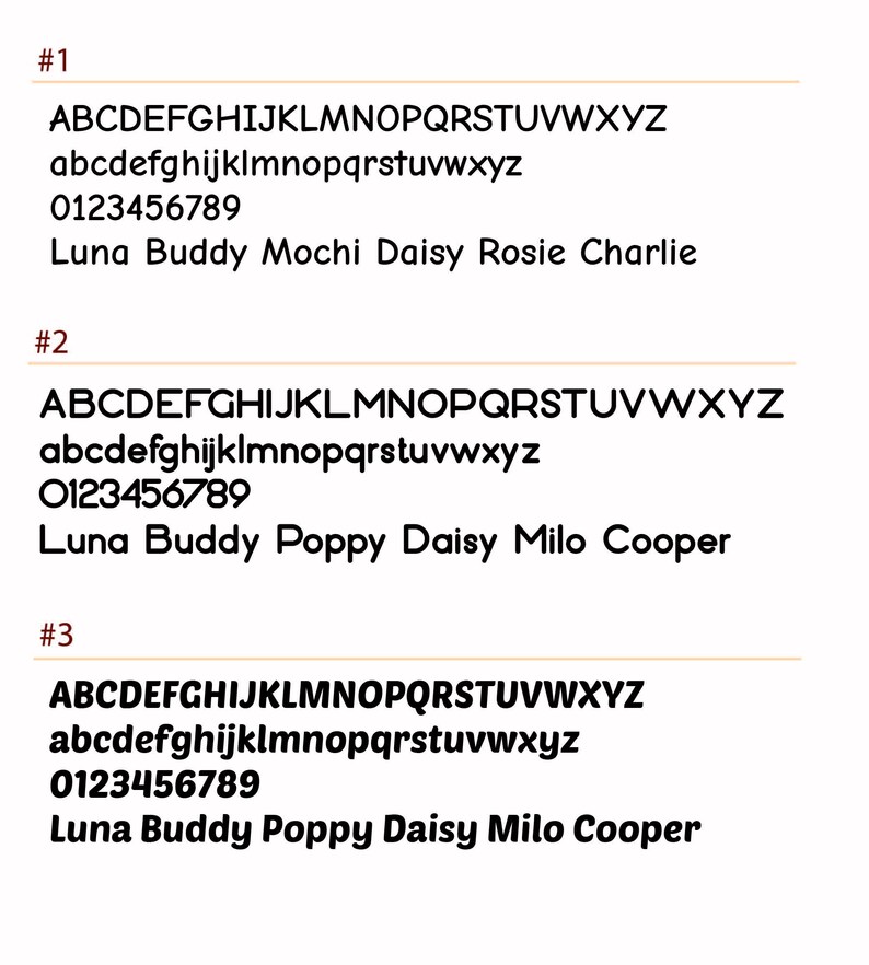 Peut inclure: Une image en noir et blanc avec trois sections num&eacute;rot&eacute;es. Chaque section montre l'alphabet en majuscules et en minuscules, les chiffres de 0 &agrave; 9 et une liste de noms. Les noms de la section 1 sont Luna, Buddy, Mochi, Daisy, Rosie et Charlie. Les noms des sections 2 et 3 sont Luna, Buddy, Poppy, Daisy, Milo et Cooper.