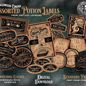 Halloween Cinema Assorted Potion Labels, Apothecary Labels, Vintage, Witch Potions, DIY