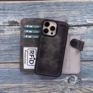 Full Grain Leather iPhone Wallet Case: Magnetic Detachable Cover, RFID Blocking