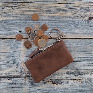 Credit Card Portemonnee, Visitekaartje Case, Leder coin Pouch, Volnerf lederen sleutelhanger, Cadeau voor verjaardag bruiloft verjaardag / BRUIN