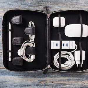 Cable Organizer, Leather Custom Cord Travel Organizer Bag, Charger Organizer Pouch, Accessories Management, Charger Organizer Case / BLACK