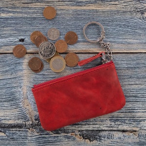 Titular de tarjeta de visita, estuche de tarjeta de crédito, bolsa de cuero de grano completo para monedas de mujer, llavero de billetera de cuero, regalo del día de las madres de bodas para mujeres / ROJO