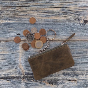 Lederen munt etui, volnerf lederen rits portemonnee, credit card case, visitekaartje houder, lederen sleutelhanger, verjaardagscadeau / BRUIN