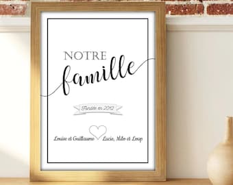 Affiche "Notre famille" à personnaliser avec les prénoms de la famille, cadeau personnalisé idéal famille, amis, fête des mères