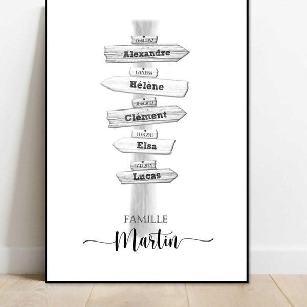 Affiche numérique famille arbre à personnaliser avec les prénoms de la famille, cadeau personnalisé fête, anniversaire