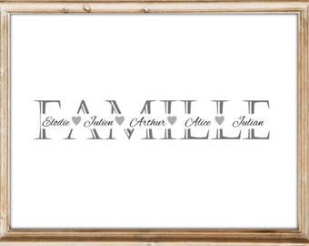 Family poster to personalize with family first names. Wall decoration or frame to hang. Gift for friends, party or birthday